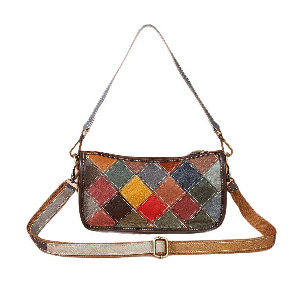 Cowhide Genuine Leather Bag Underarm Bag Colorful Color-blocking Retro Single-shoulder Bag Small Bag