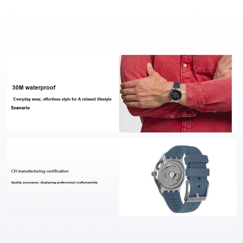 Swatch Men's Blue/Silver Automatic Mechanical Movet 30 Meters Water Resistant Watch 42 Mm Dial Stainless Steel Case Rubber Strap Watches Yis430