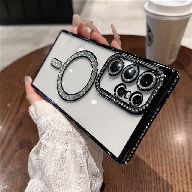For Samsung Galaxy S25 Ultra Luxury Glitter Magsafe Magnetic Plating Diamond Frame Phone Case For Samsung S22 S23 S24 Plus Cover