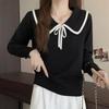 Navava Women Long Sleeve Knit Tee With Color Ribbon Collar Nk3236