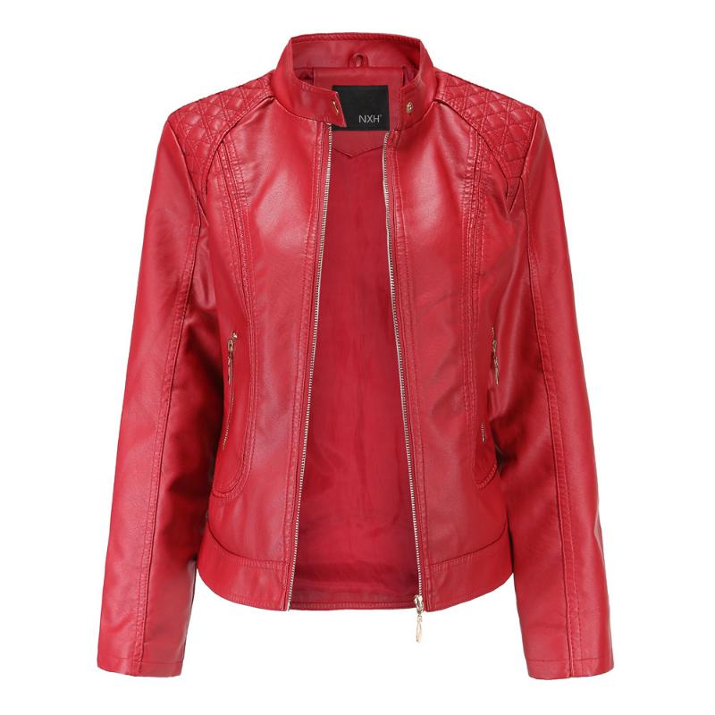 Giacca in pelle da donna alla moda, con colletto alto, in pelle PU, giacca in pelle da donna, cappotto in pelle da donna