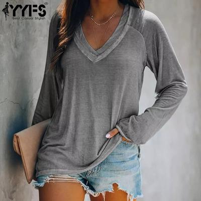 Γυναικεία μόδα Casual Άνοιξη Φθινόπωρο μονόχρωμη στάμπα μπλούζες και πουκάμισα με μακρυμάνικο λαιμόκοψη