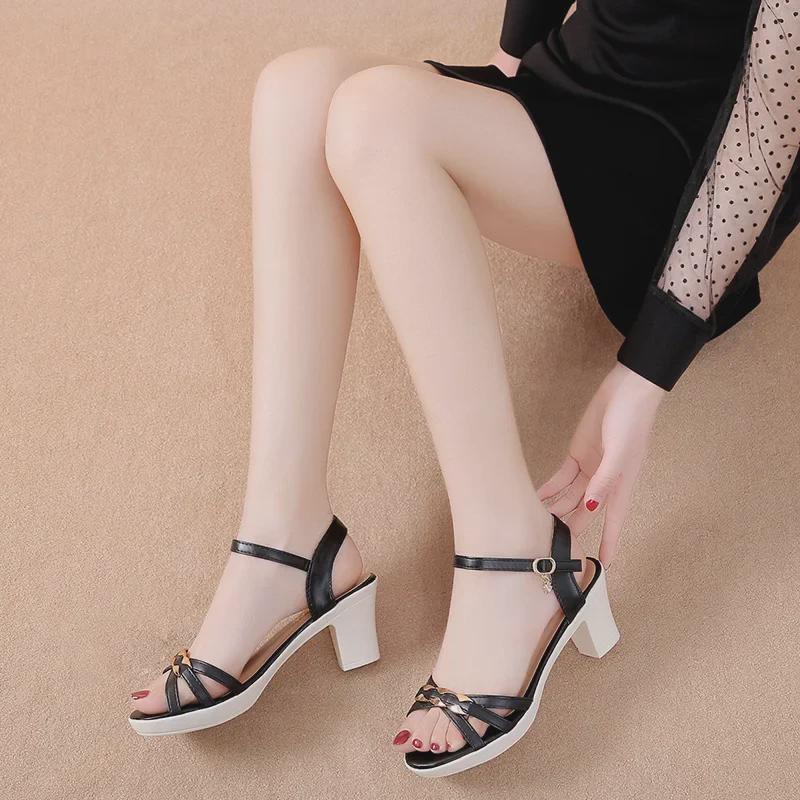 Sandale cu toc înalt de vară 2021 pentru femei - Design coreean cu gură de pește cu toc gros roman versatil