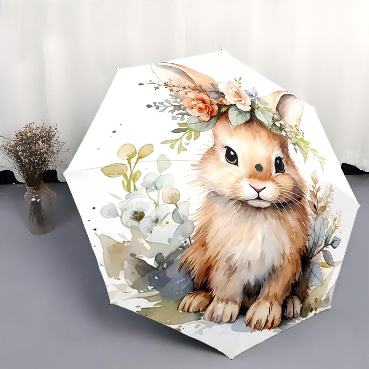 

Automatic Open/Close Umbrella with Floral Bunny - Compact Folding Umbrella, Portable Collapsible Design, All-Season Use, Birth Iron&8K