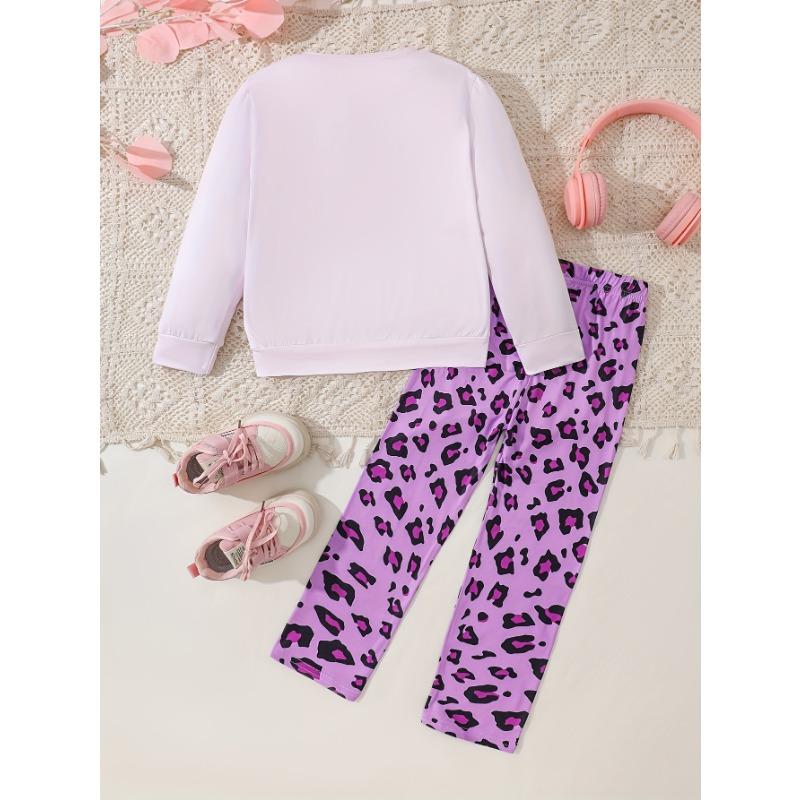 Girl's Autumn and Winter Cute Bunny Bear Printed Long Sleeved Shirt+leopard Print Pants Two-piece Set, a Gift for Children, Perfect for Outdoor