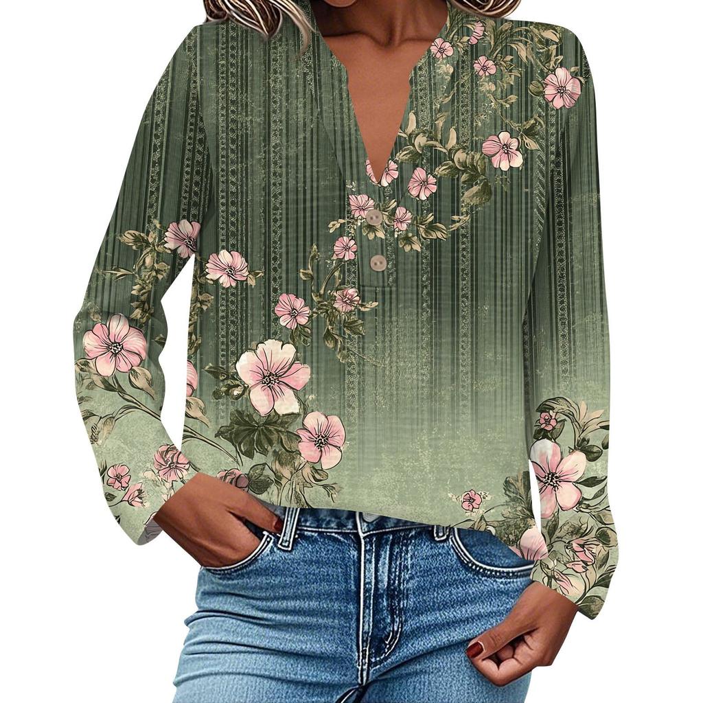 Camisa de Moda y Casual para Mujer Manga Larga Cuello en V Botones Estampada Blusa Top