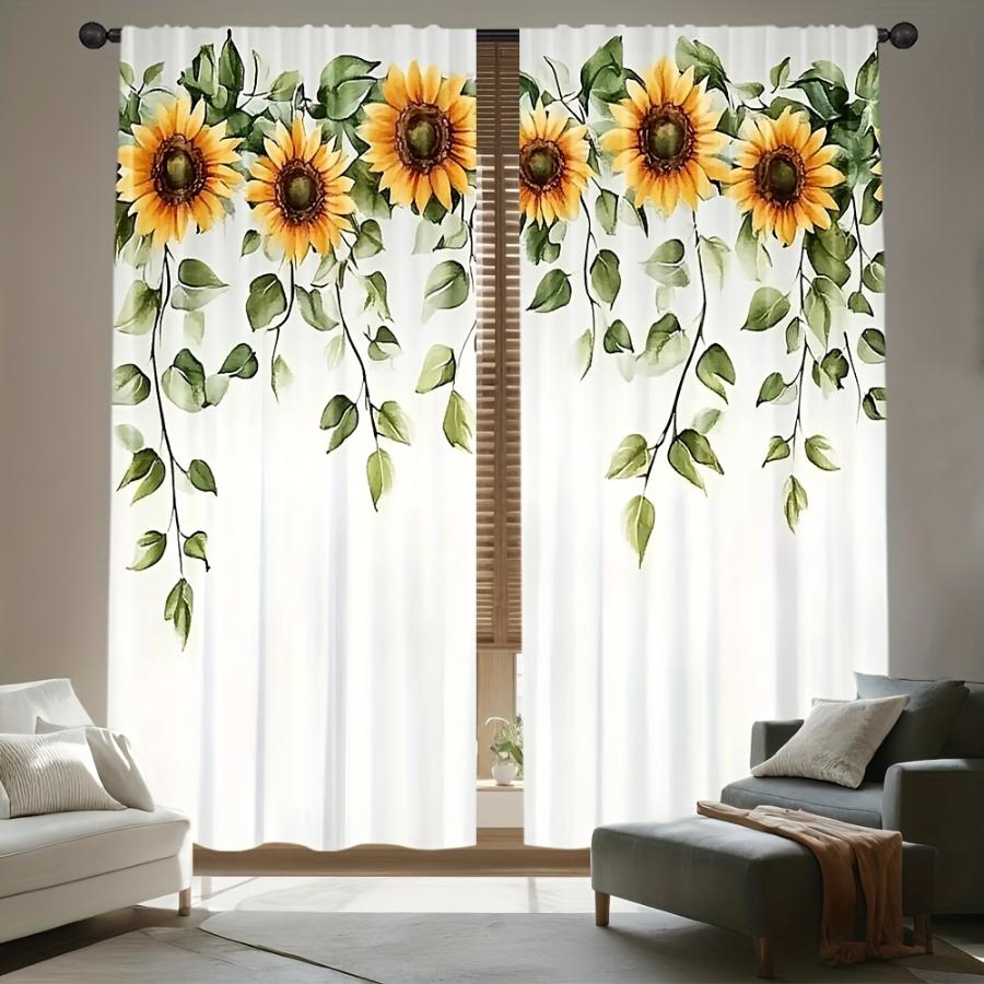 2PCS Digital Printed Curtains, Sunflower Leaf Vibrant Floral Botanical, Rod Pocket Window Drapes for Living Room Bedroom Decor