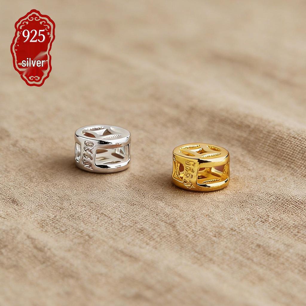 S925 Sterling Silver Hollow Coin Spacer Beads for DIY Bracelets and Necklaces - Gold Plated for Wealth and Luck.