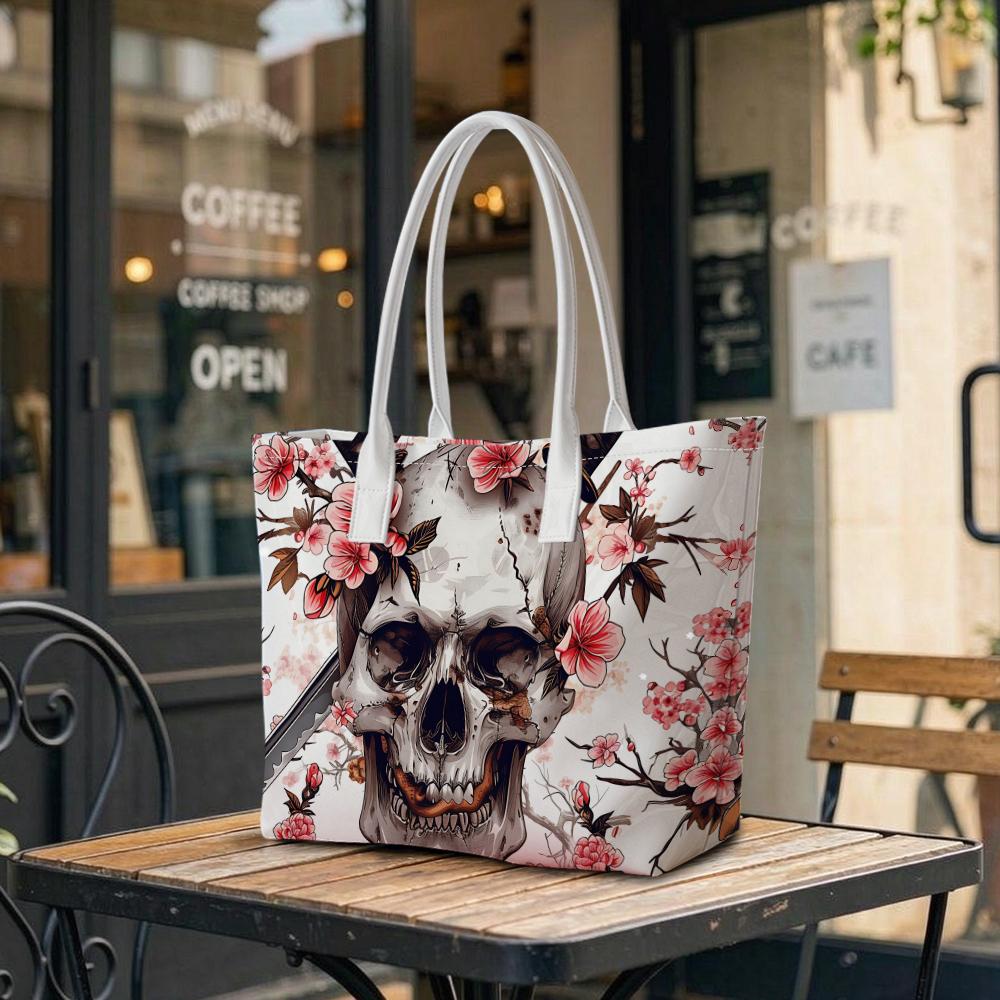 Floral Skull Printed Tote Bag Fashion Daily Carry Handbag All Match Casual Shoulder Bag for Outdoor