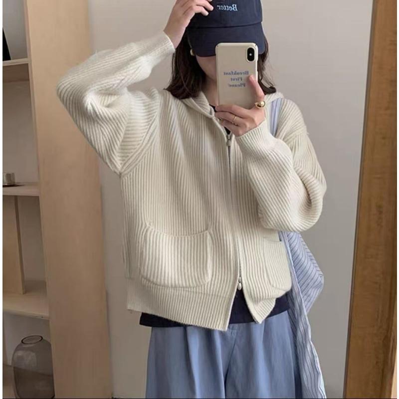 

Lazy wind hooded sweater jacket women s autumn and winter new loose and versatile soft waxy long-sleeved zipper knitted cardigan average size