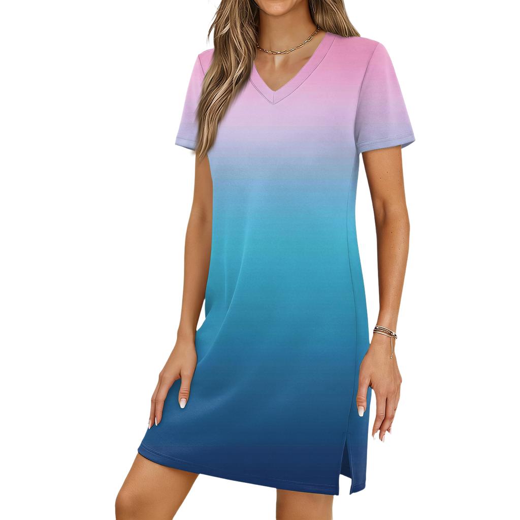 Women's Casual V-neck Short Sleeve Split Hem Gradient Dress