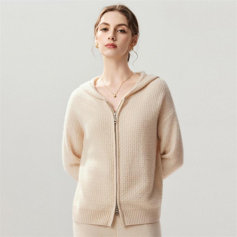 Lekasha Women's Cashmere Zip-Up Hooded Cardigan