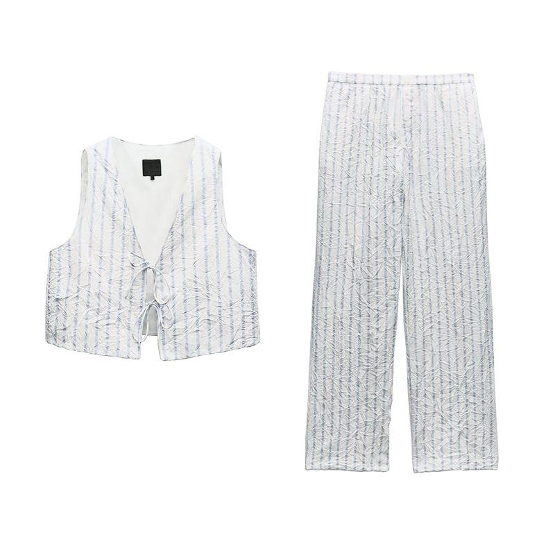 Spring New Wrinkle Effect Stripes Vest Style Tops 2010772 Pajamas Style Pants 4661410