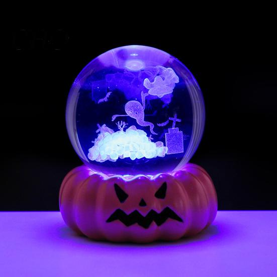 Festive LED Pumpkin Decoration Halloween Crystal Ball Night Light for Kids 3D Charming Decor Lighting with Resin Base Globes Lamp Indoor Bedroom Home
