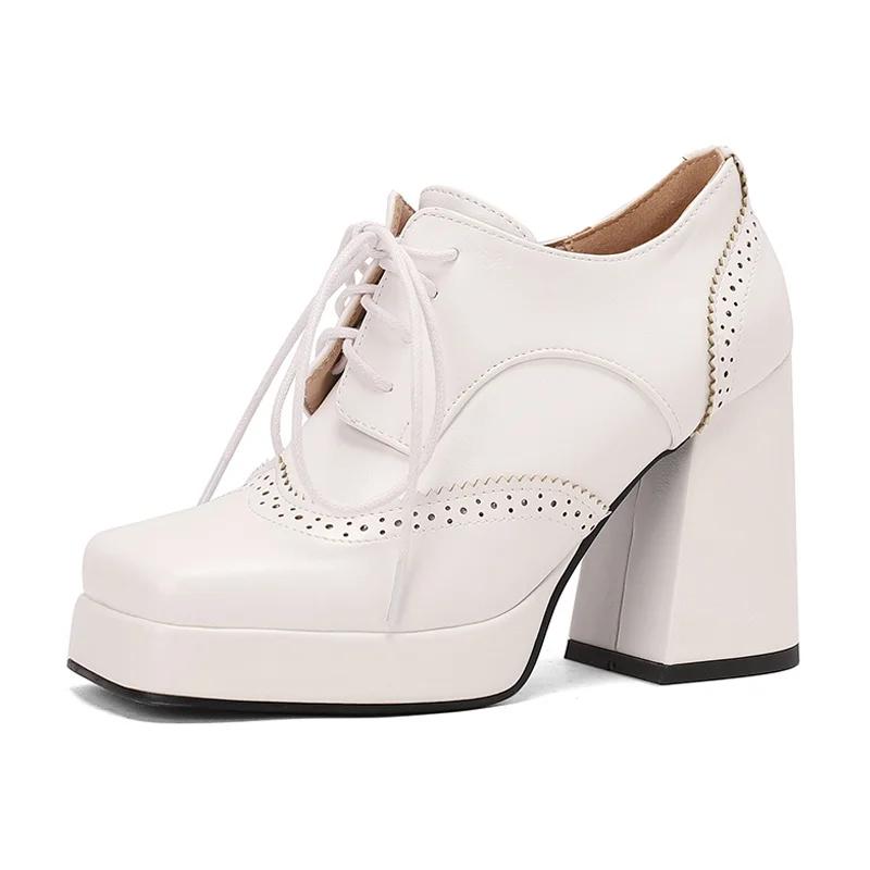 Fashion Red British Women Mixed Color Derbies Women High Thick Heels Pink Silver Oxfords Party Shoes Lace-up Square Toe Platform Brogues