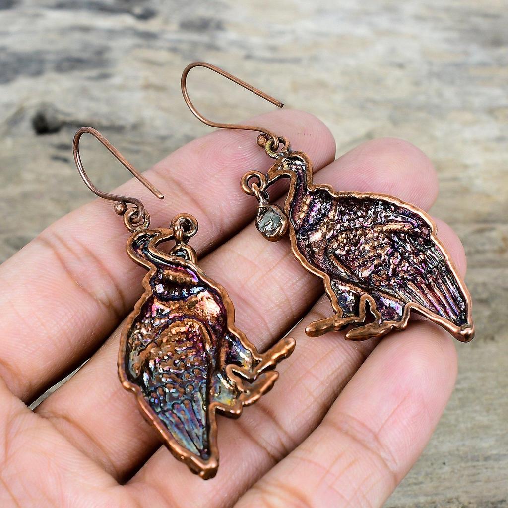 Green Tourmaline Rough Earring Electroformed Copper Earring Handmade Peacock Earrings Electroformed Jewelry Gemstone Earring Gifts for Women