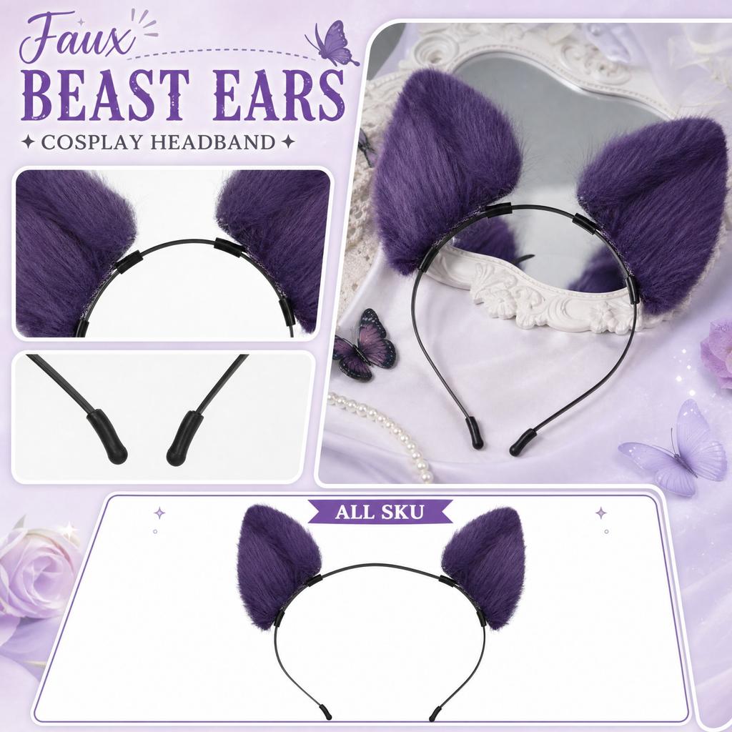 Bandeau Oreilles d'Animal Poilues Accessoire Peluche Cosplay pour Fête d'Halloween