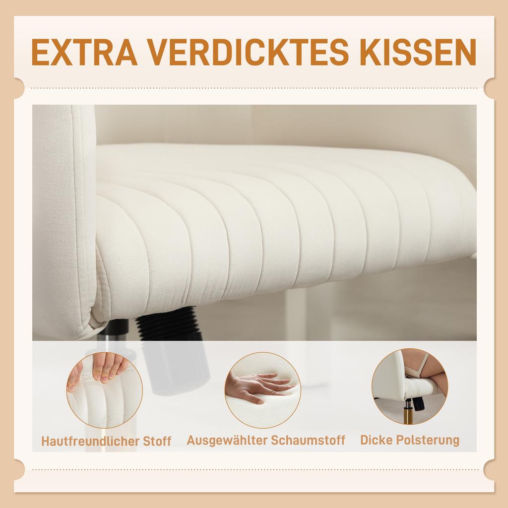 Silla de Escritorio Plegable con Funda de Aspecto Terciopelo, Silla de Oficina Regulable en Altura, Función de Inclinación, Blanco Crema