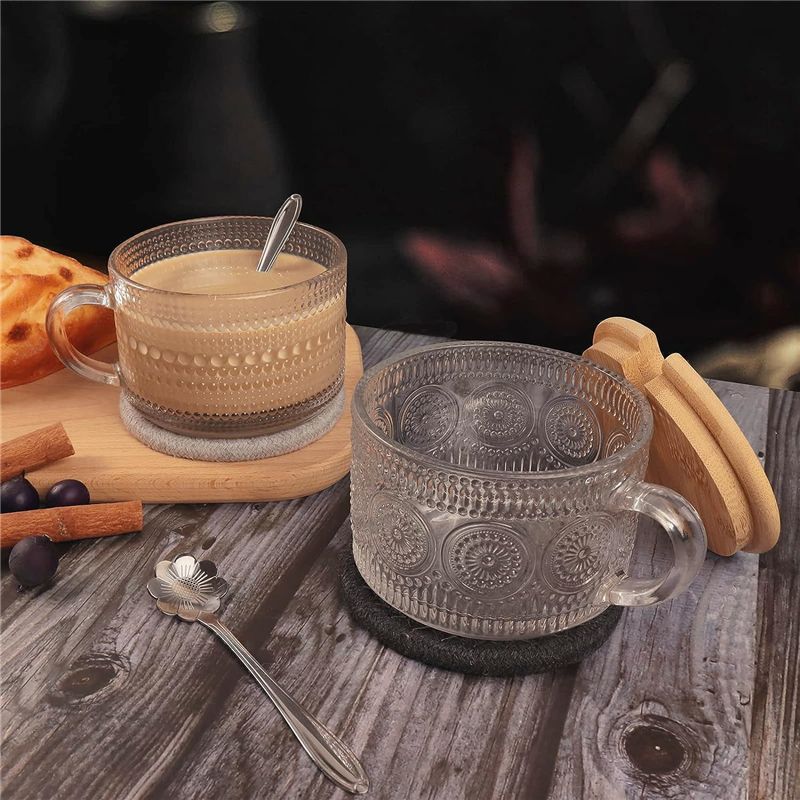 AEE4-Vintage Coffee Glass Mugs Set Of 2, Glass Coffee Tea Cups With Bamboo Lids, Coaster And Spoons,15Oz Clear Embossed 450ML B