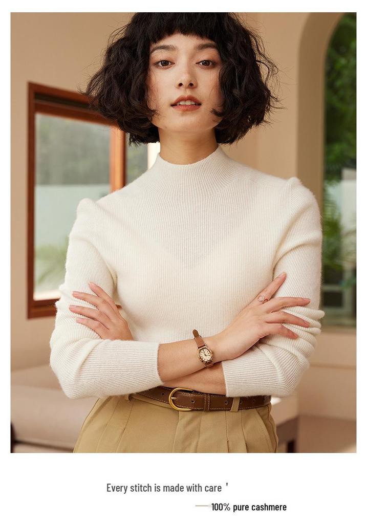 Premium Autumn/Winter Cashmere Knit Top: Soft, Smooth, Half-High Collar Sweater