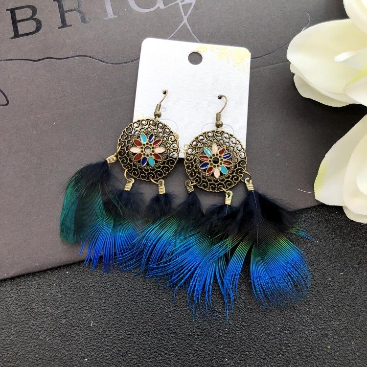Original bohemian natural velvet feather earrings, female retro personality versatile elegant fringed fashion ear jewelry