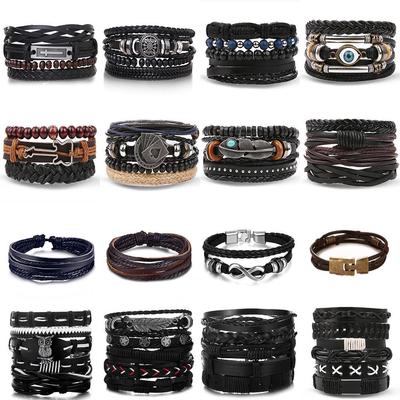 Men's Vintage Multilayer Leather Bracelet with Hollow Triangle Beads
