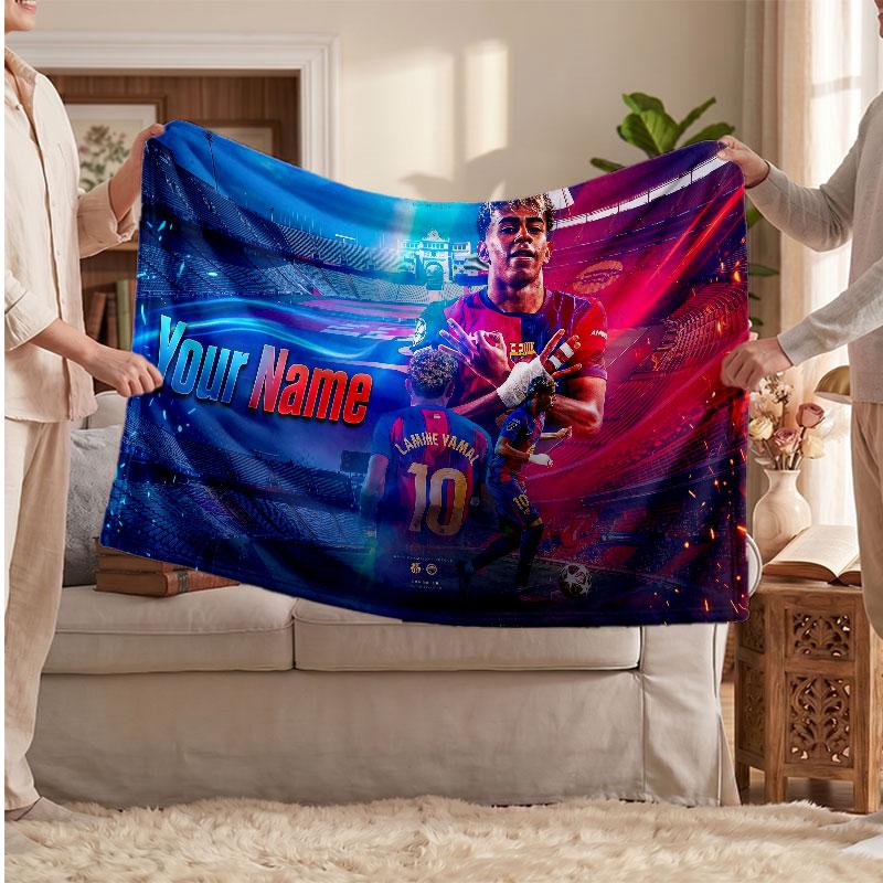 Couverture polaire personnalisée Lamine Yamal avec logo de football, texte de nom personnalisé, couverture d'appoint douce et chaude pour la maison