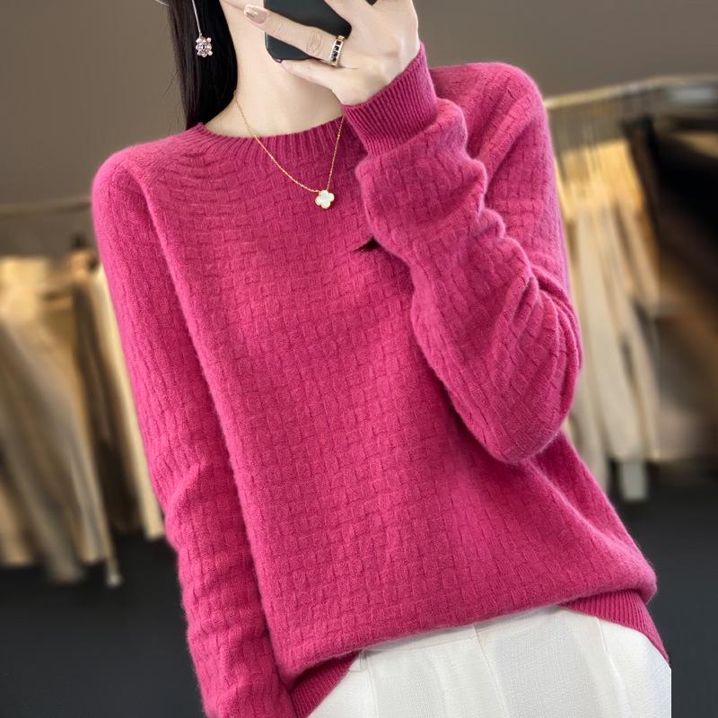 Women's Cashmere Waffle Knit Cardigan - Versatile Round Neck Sweater for Autumn/Winter