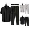2 Pcs/Set Men Top Pants Set Solid Color V Neck Short Sleeves Loose Pullover Exercise Elastic Waist Drawstring Plus Size Men Sports Suit Men Garment