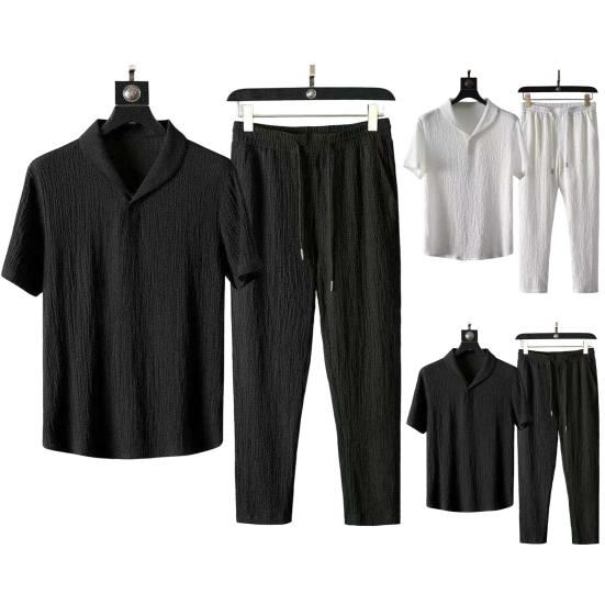 2 Pcs/Set Men Top Pants Set Solid Color V Neck Short Sleeves Loose Pullover Exercise Elastic Waist Drawstring Plus Size Men Sports Suit Men Garment