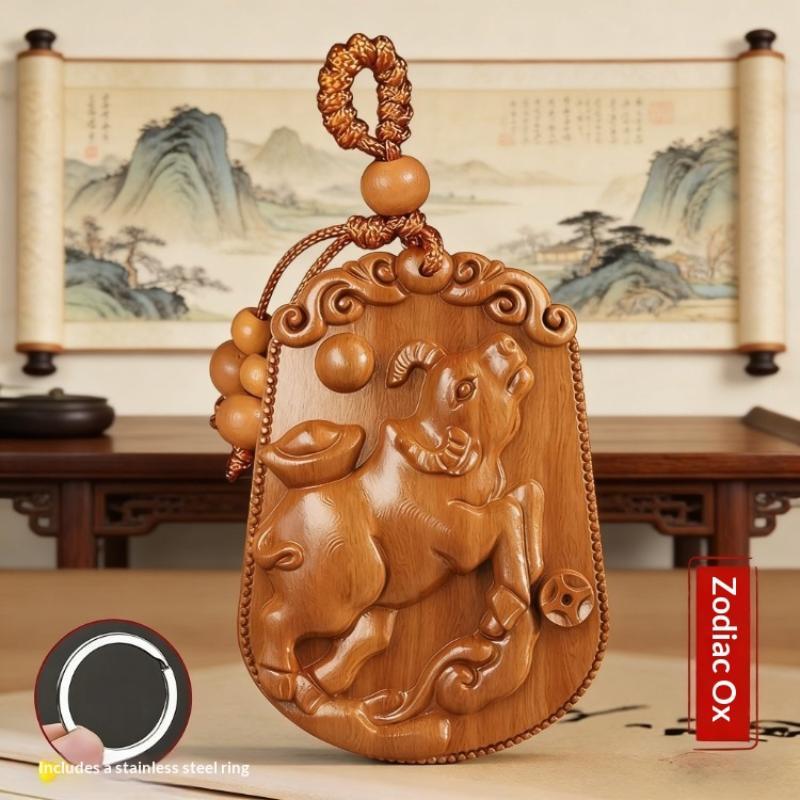 Natural Peach Wood Chinese Zodiac Keychain Hand Carved Lucky Blessing For Daily Use Gift For Friends Family