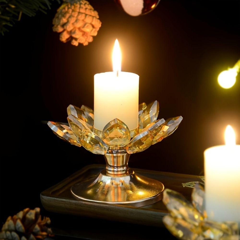 Metal Base Lotus Candle Holder Non-slip Clear Flower Candles Stand Crystal Lotus Candlestick  Party
