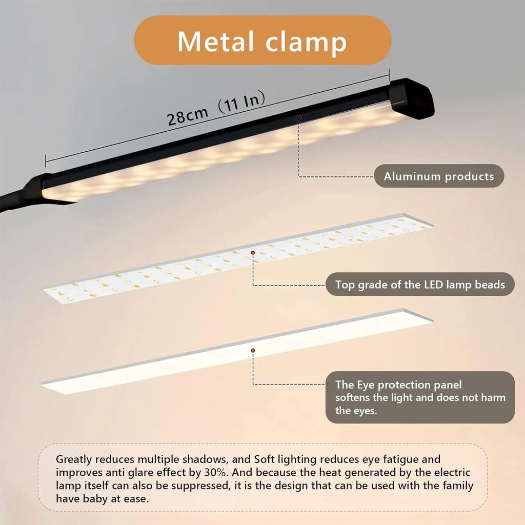 New A LED Desk Lamp with Clamp, Eye-Caring Clip On Lights   Office, 3 Modes 10 Brightness, Long Flexible Gooseneck,Metal