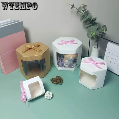 WTEMPO Ribbon Bow Hexagonal Gift Boxes Clear Window Flowers Dolls Presents Display Packaging Boxes DIY Kraft Paper Universal Storage Boxes