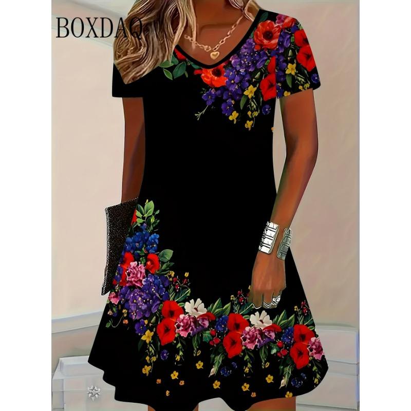 Striped Dresses Summer Elegant Women'S Clothing Fashion V-Neck Flower 3D Print Short Sleeve Dress New Plus Size Loose Dress