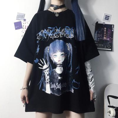 Women T-shirt Harajuku Goth Female Tee Aesthetic Loose Punk Dark Grunge Ladies Gothic Top T-shirts Clothes Y2k Streetwear