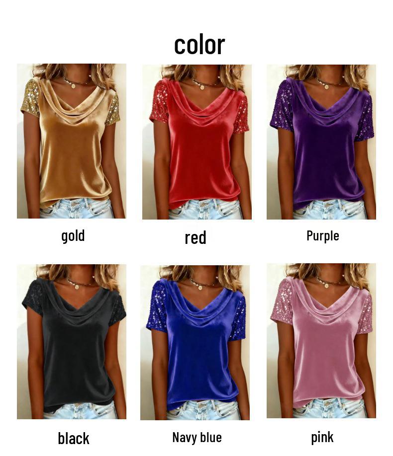 2026 European & American Velvet High-Neck Sequin Patchwork Short-Sleeve Women's Fashion Top