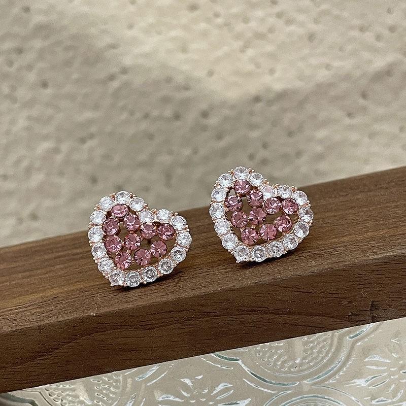 

Premium pink zircon love earrings niche design light luxury color matching temperament sweet and cool earrings