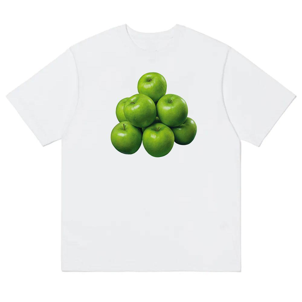 Original Design Green Apple Pattern Short-sleeved Fun Fruit Print Summer T-shirt, Casual Instagram Versatile Top