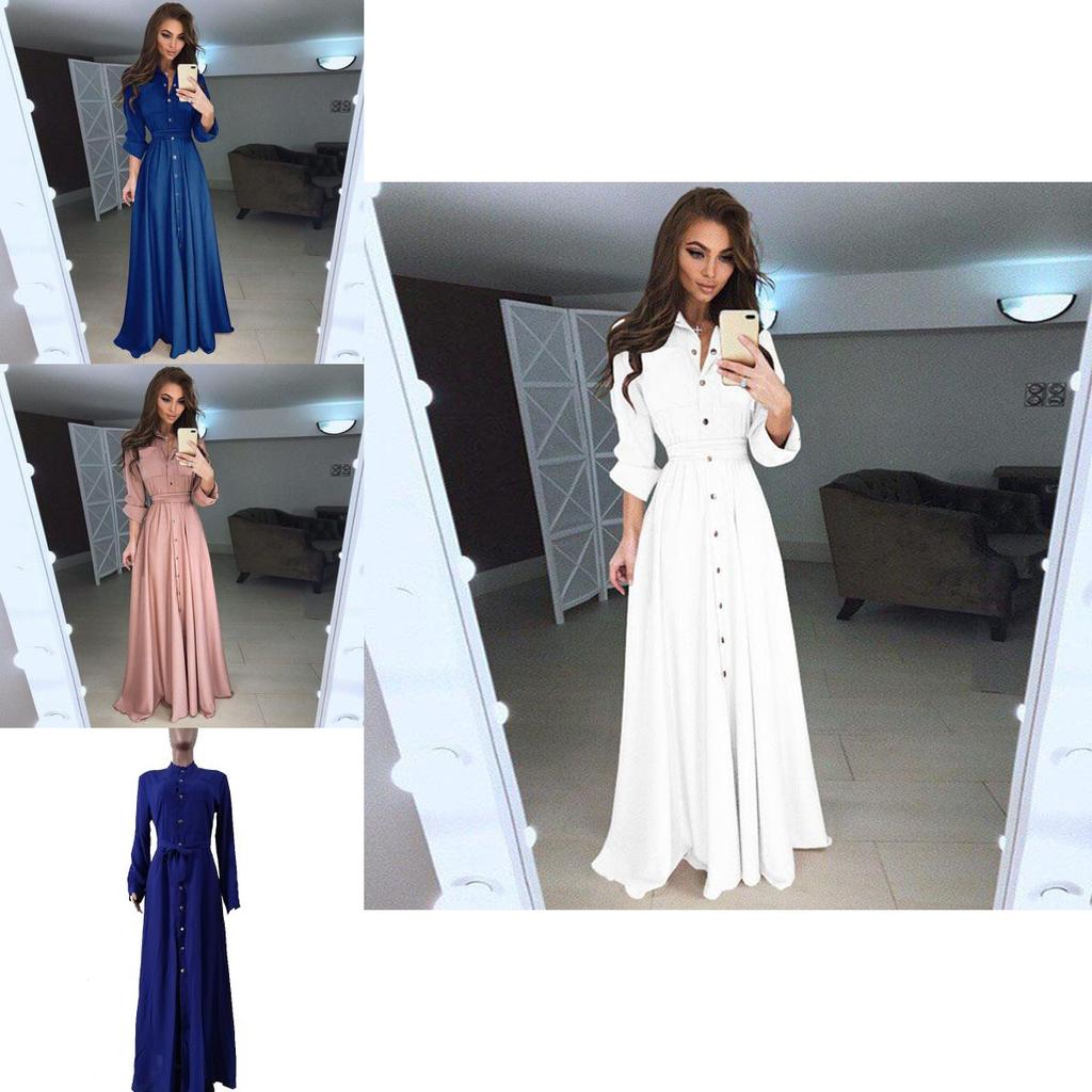 Sleeve Women Long Button Dowm Maxi Dress Evening Party Casual Shirt Dress
