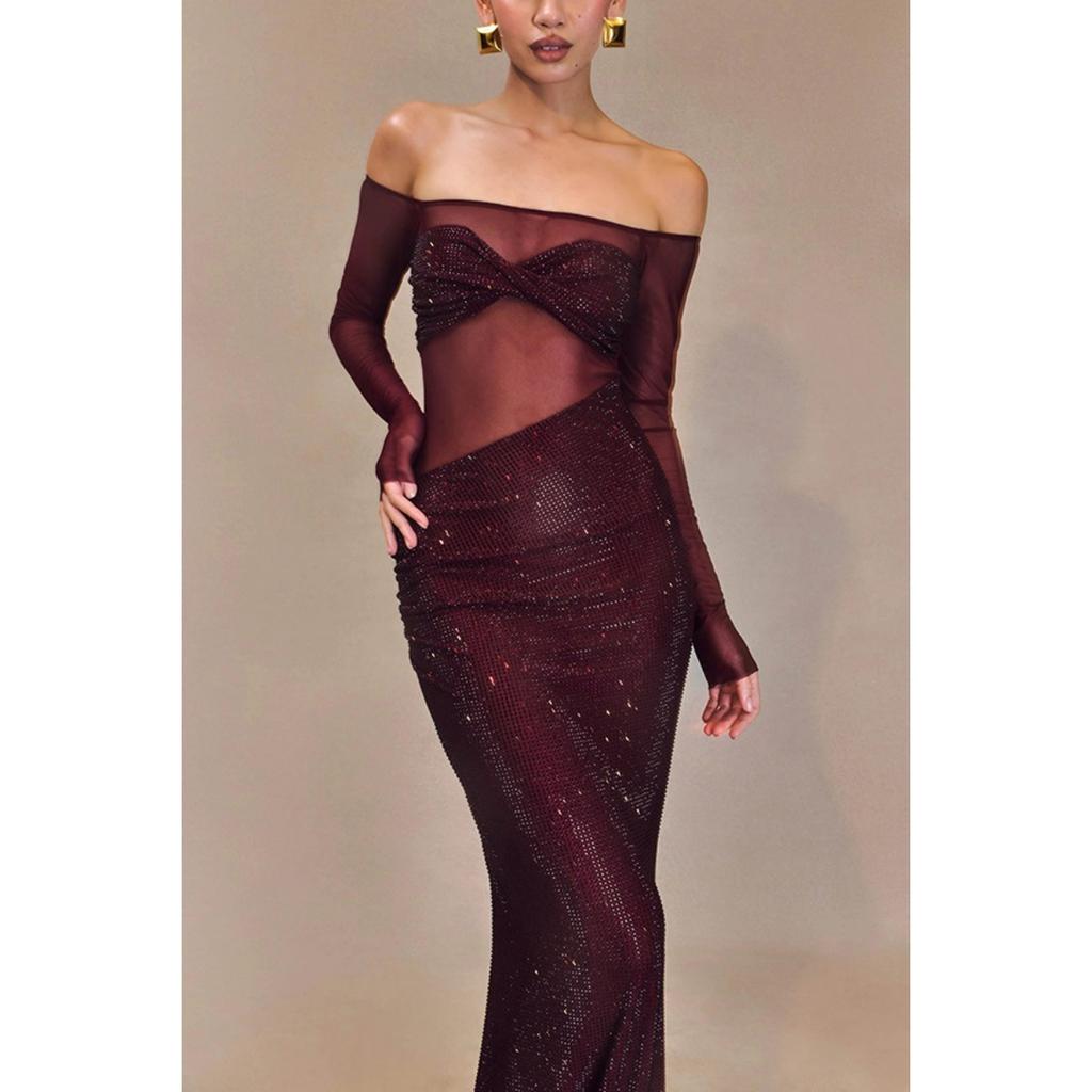 Women's Sexy Sheer One Shoulder Bodycon Long Evening Gown Dress for Party Dinner European American Style