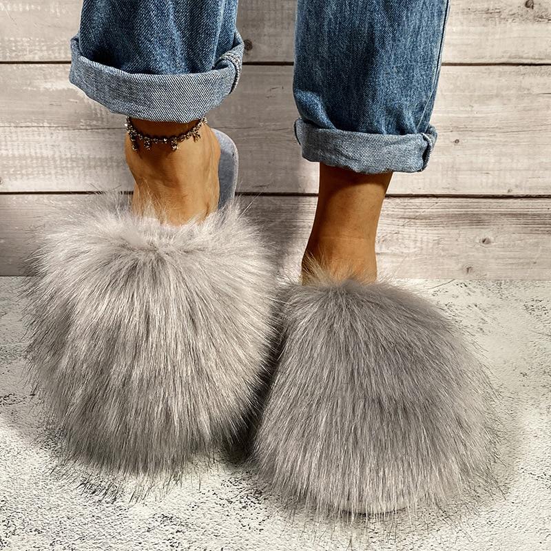 Women Summer Furry Slippers Fluffy Home Shoes Ladies Flops Fur Sandals Comfortable Indoor Outdoor