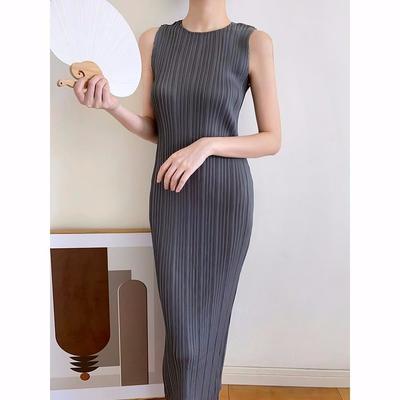 Kleid für Damen, plissiert, weiblich, lang, Retro, solide, ärmellos, japanisch, sanft