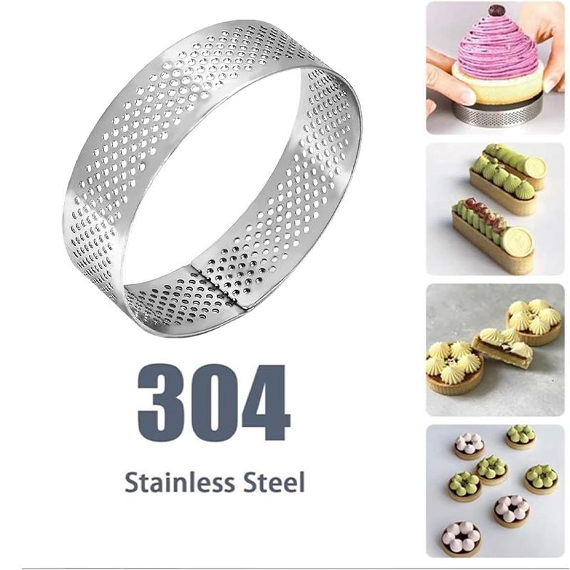 304 Stainless Steel Tart Ring 8pcs Heat-Resistant Perforated Cake Mousse Ring Round Ring Doughnut Tools for Cookies Tarts Pies