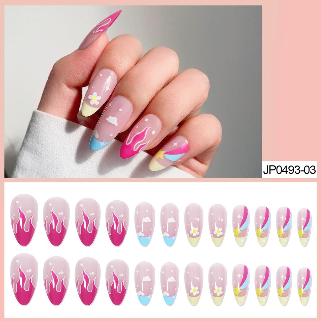 French Mid-length Almond Armor Star Flame Manicure European and American Fake Nail Wear Nails