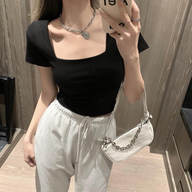 Pure cotton square collar front shoulder short-sleeved T-shirt women's summer new Spice Girl slim and thin simple style short t-shirt top
