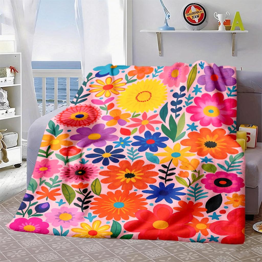 2026 New Arrivals 1pc Vibrant Floral Print Flannel Blanket Soft, Warm, And Machine Washable, Perfect for Sofa, Bed, Office Nap, Camping, And Travel Al