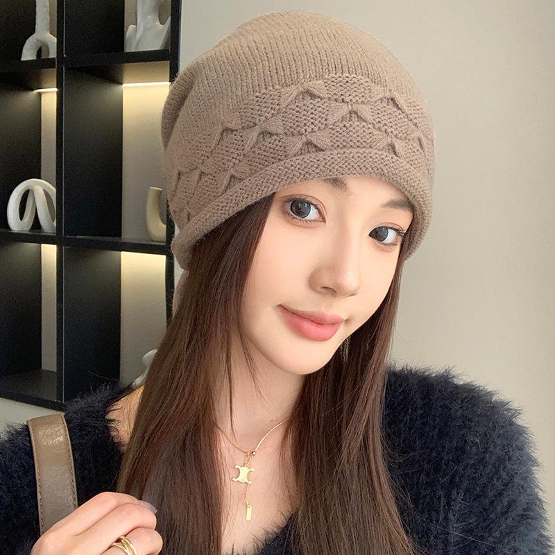 Pile Hats Women's Autumn and Winter Versatile Warm Hemming Knitted Cold Hats Big Head Circumference Showing Face Small Wool Hats