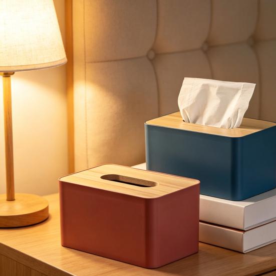 Tissue Box with Solid Wood Lid, Waterproof Design, Long Paper Opening Tissue Dispenser for Home Office
