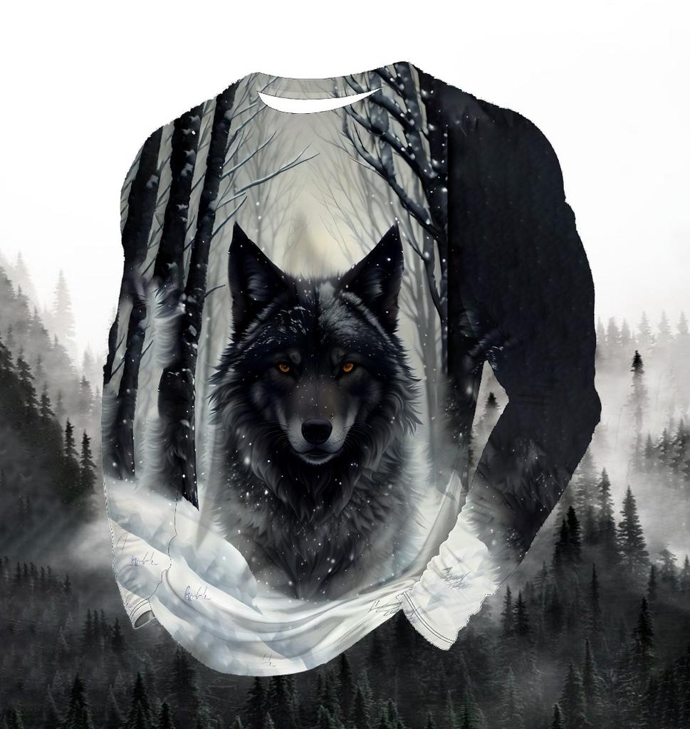 2024 men's fashion print round neck long sleeve party autumn sports casual pullover men 3d lonely wolf blue print tops